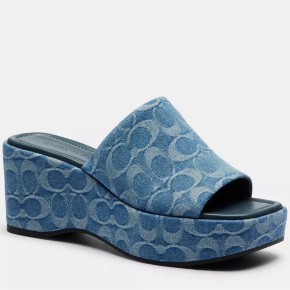 Coach Blue Logo Platform Slide Sandals